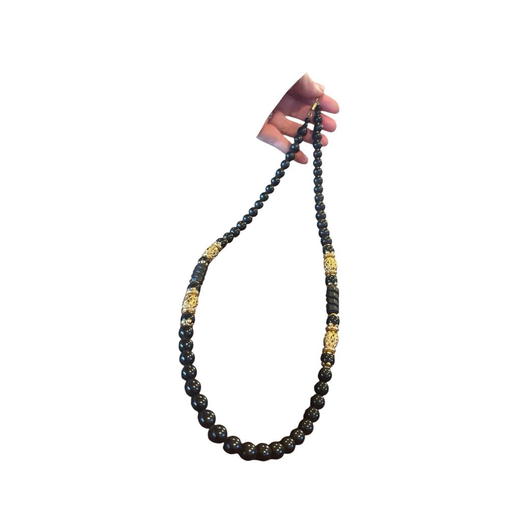 Vintage 1928 Jewelry Black Bead Necklace Gold Filigree Barrel Clasp 18”